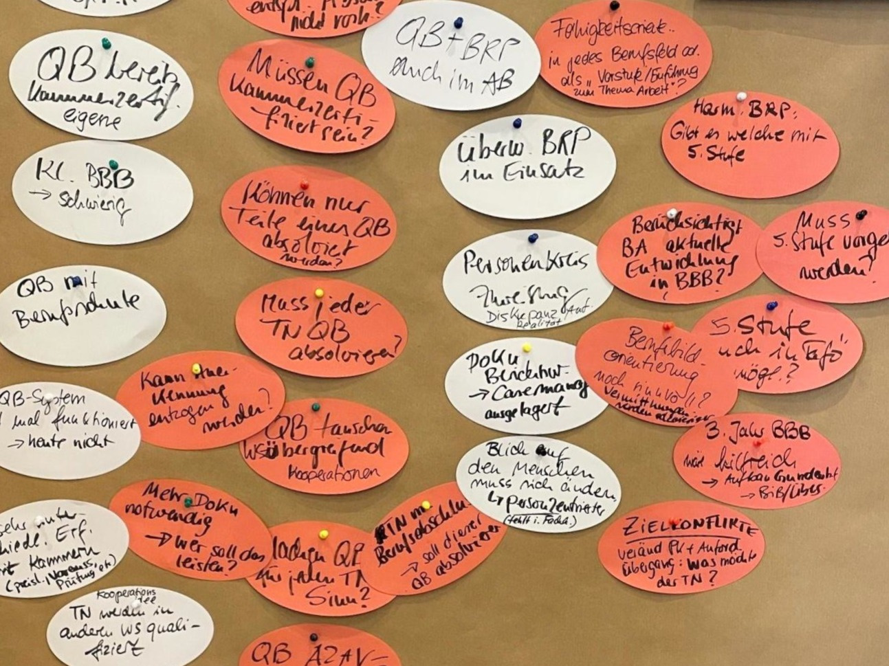 Eine Metaplanwand, an der zahlreiche Kärtchen mit Fragen zum Fachkonzept hängen 
&copy; LAG WfbM Hessen